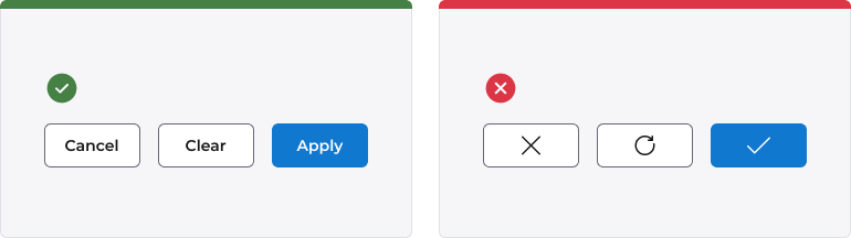 Two examples of correct and incorrect ways of implementing buttons. The incorrect example shows three buttons without a label and just icons, whereas the correct examples are labelled.