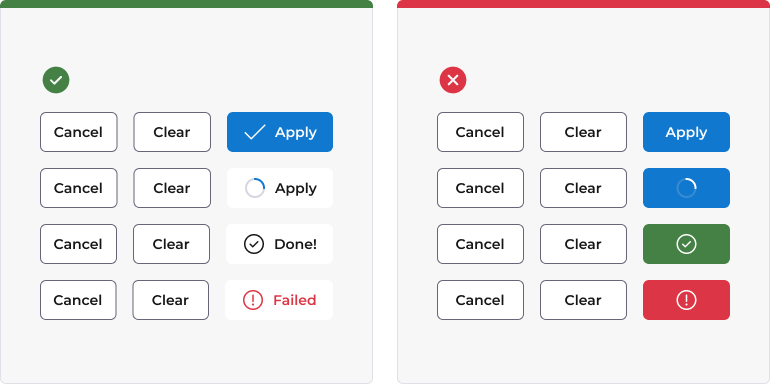 Two examples of button spinner implementations. The incorrect implementation does not keep the text for the button, and it also remains a solid and filled colour. The correct implementation would turn the button into an outline button and change the text in the button.