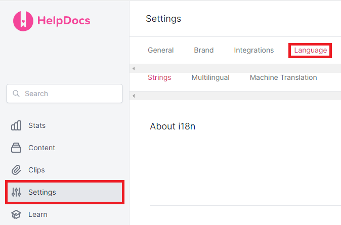 An image highlighting the Language tab on the HelpDocs navigation pane